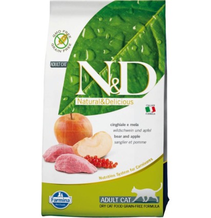 Farmina N&D Adult Cat Prime сухой беззерновой корм для кошек с кабаном и яблоком 5 кг. 