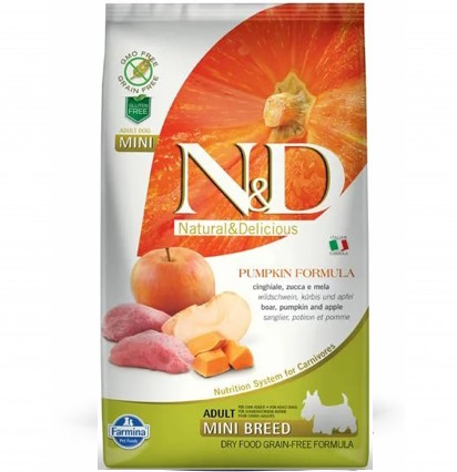 Farmina N&D Mini breed Adult Pumpkin Formula сухой корм для взрослых собак мелких пород с кабаном, яблоком и тыквой 800 гр.