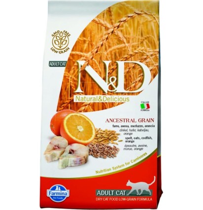 Farmina N&D Adult Cat Ancestral Grain сухой низкозерновой корм для кошек с треской и апельсином 300 гр. 