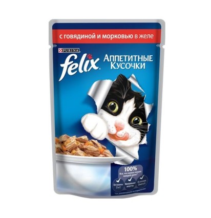 FELIX Аппетитные кусочки для кошек с говядиной и морковью в желе 85 гр.