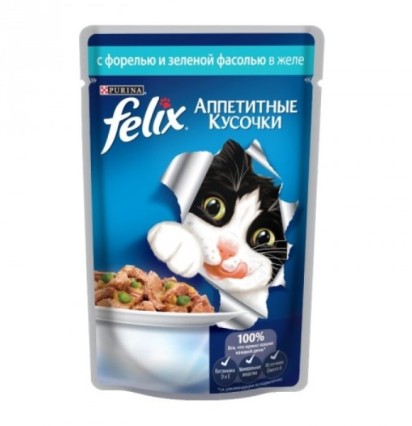 FELIX Аппетитные кусочки для кошек с форелью и зеленой фасолью в желе 85 гр.